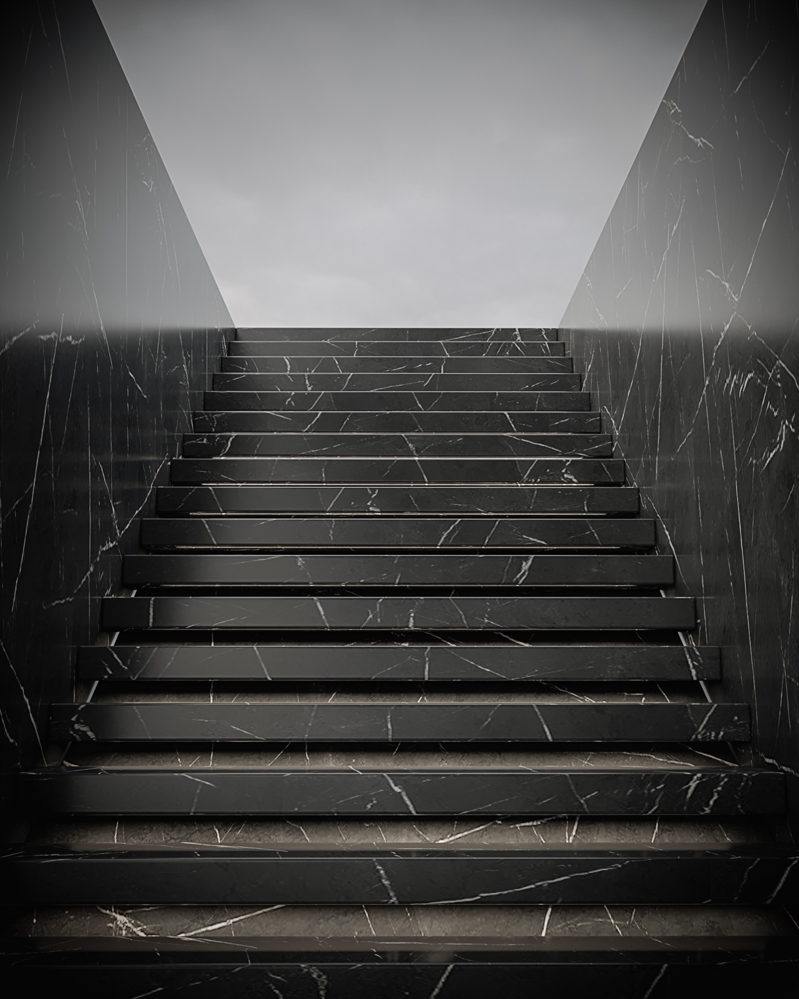 Black marble staircase shaped by light and silence